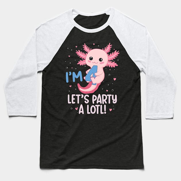 Funny 4th Birthday I'm 4 Years Old lets party Axolotl Baseball T-Shirt by Msafi